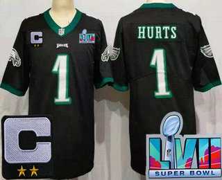 Mens Philadelphia Eagles #1 Jalen Hurts Limited Black C Patch Super Bowl LVII Vapor Jersey